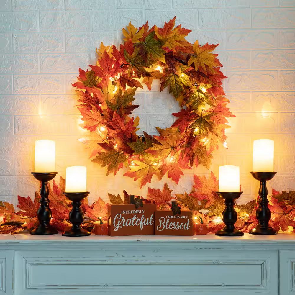 24 In. Dia Fall Lighted Maple Leaves Artificial Fall Wreath