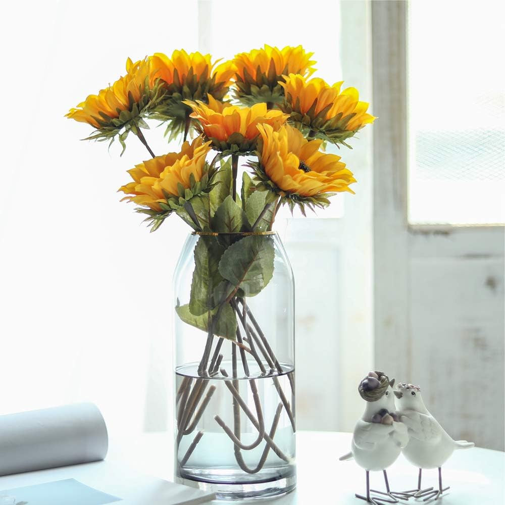Fake Sunflowers Artificial Flowers Large Long Stems Artificial Sunflowers Bouquet 7 Pcs Faux Silk Real Touch Sunflowers for Party Centerpieces Home Decoration(Gold)