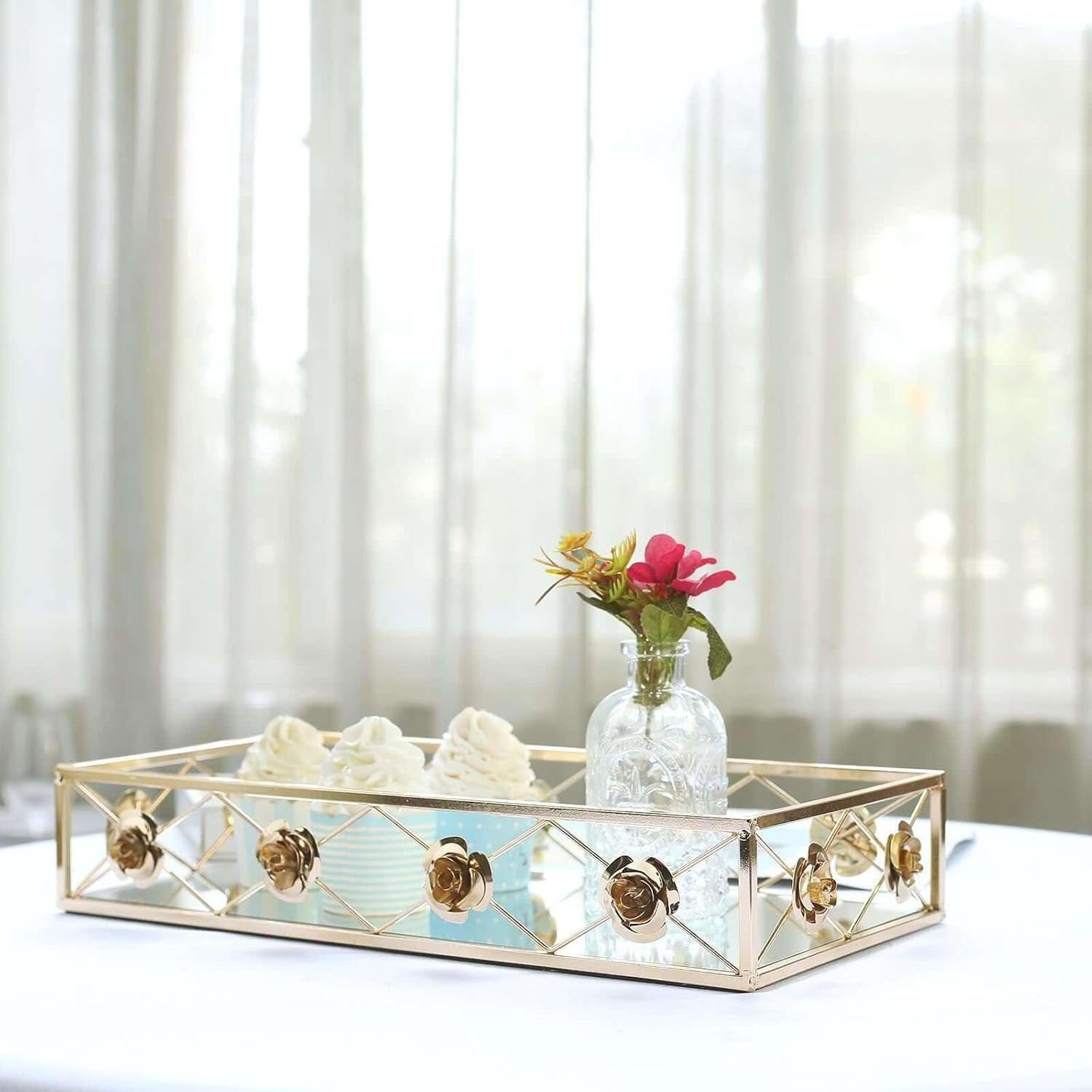 Set of 2 Gold Metal Decorative Serving Trays Floral Bordered Rectangle Mirror Trays - 19"X12" / 15"X8"