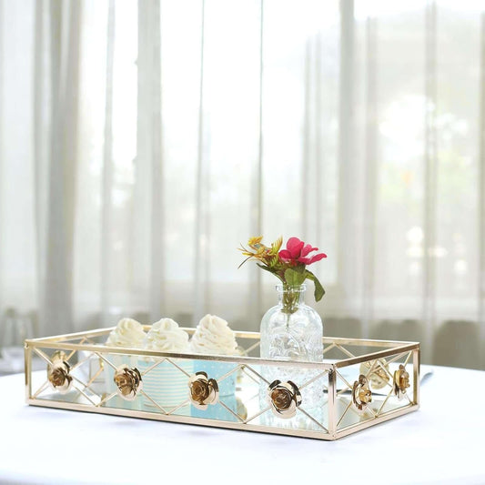 Set of 2 Gold Metal Decorative Serving Trays Floral Bordered Rectangle Mirror Trays - 19"X12" / 15"X8"