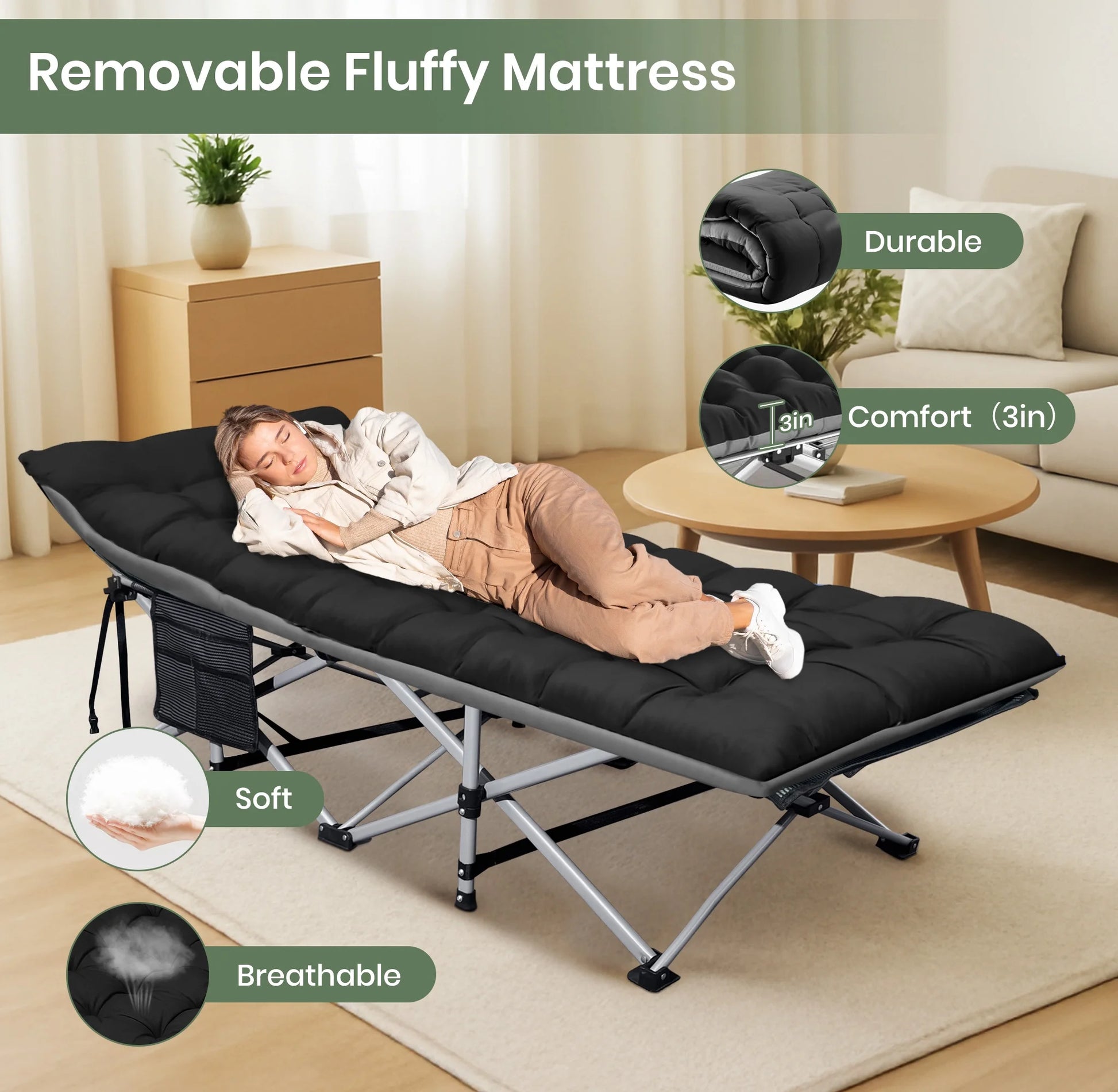 Folding Camping Cot with 2 Sided Comfort Mattress, 1200D Double Layer Oxford Folding Bed, Portable Sleeping Bed for Camp Office Nap Beach Travel