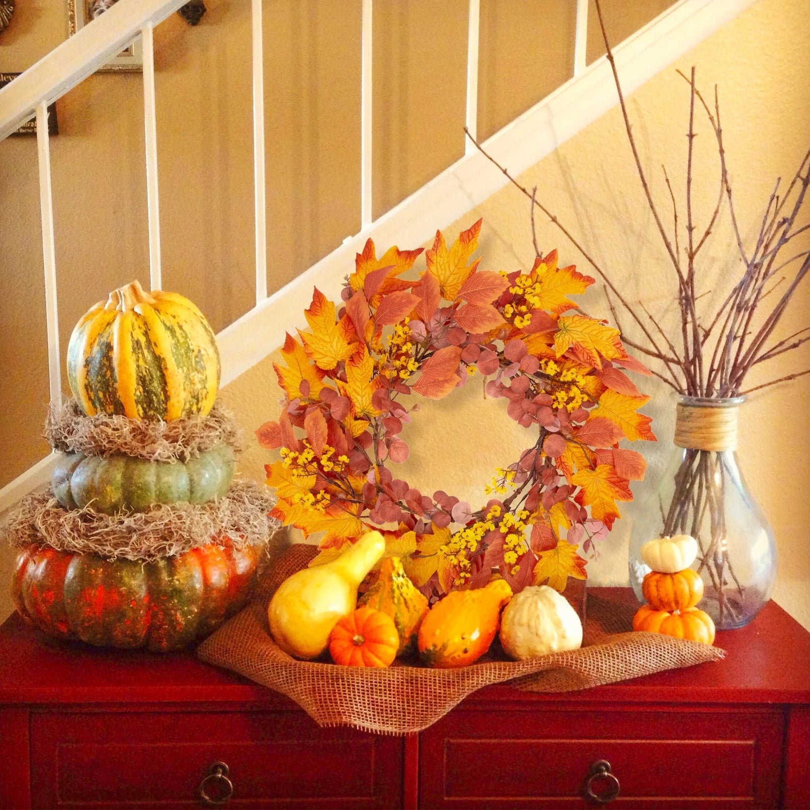 Fall Wreaths for Front Door, 20" Artificial Maple Leaf Autumn Door Wreaths Farmhouse Fall Decorations for Home