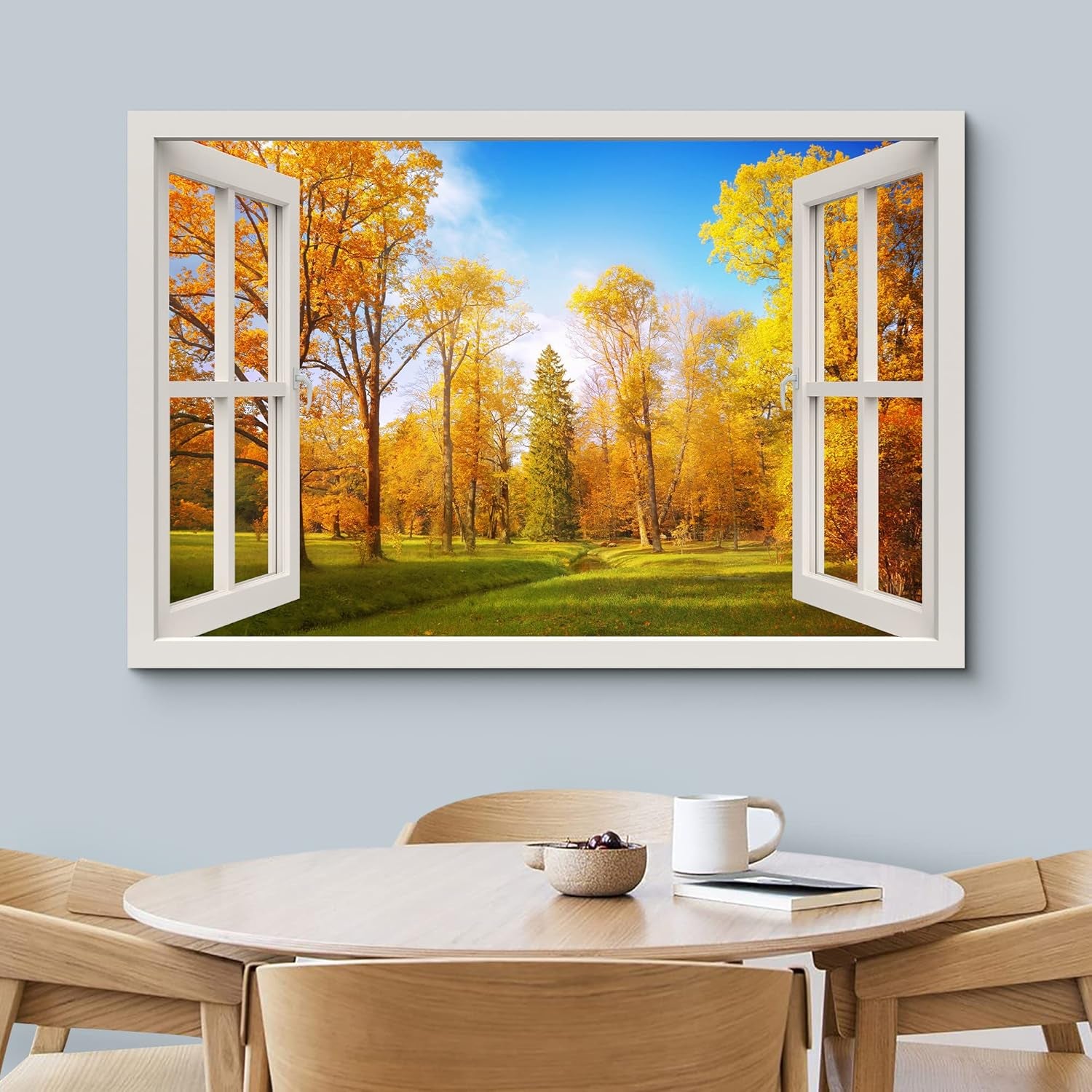 Canvas Print Wall Art Window View Rustic Autumn Fall Tree Forest Field Wilderness Nature Photography Realism Scenic Landscape Colorful Multicolor for Living Room, Bedroom, Office - 16"X24"