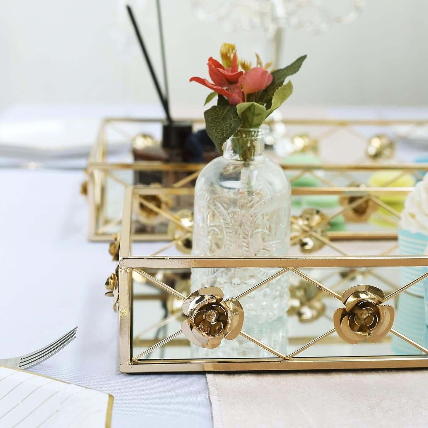 Set of 2 Gold Metal Decorative Serving Trays Floral Bordered Rectangle Mirror Trays - 19"X12" / 15"X8"