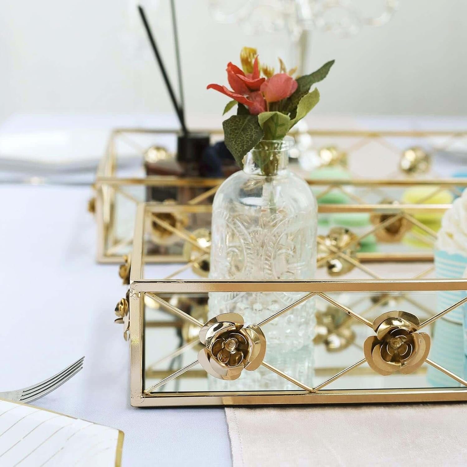 Set of 2 Gold Metal Decorative Serving Trays Floral Bordered Rectangle Mirror Trays - 19"X12" / 15"X8"
