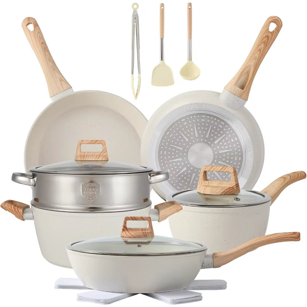 HOME 16PCS Pots and Pans Set Non Stick Cookware Set Nonstick with Cooking Set (White, 16Pieces)