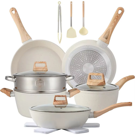 HOME 16PCS Pots and Pans Set Non Stick Cookware Set Nonstick with Cooking Set (White, 16Pieces)