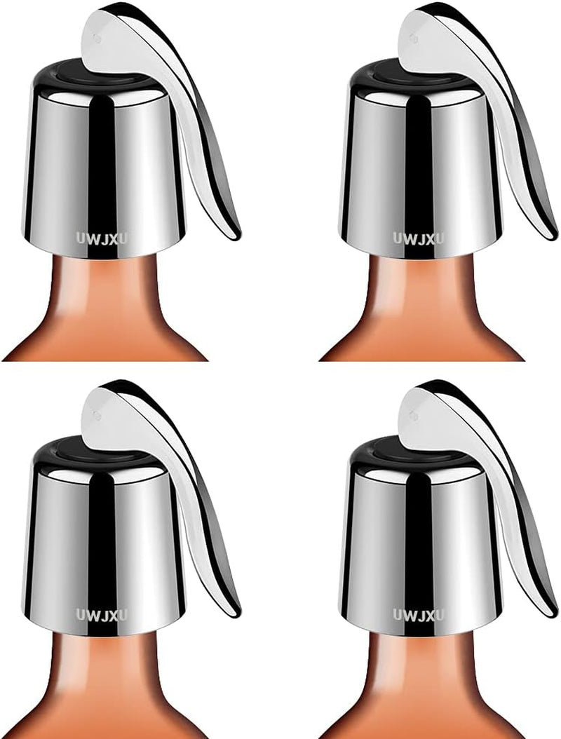 Wine Saver Bottle Stopper Stainless Steel Wine Bottle Plug with Silicone, Expanding Beverage Bottle Stopper, Reusable Wine Saver, Bottle Sealer Keeps Wine Fresh (Silver, 4)