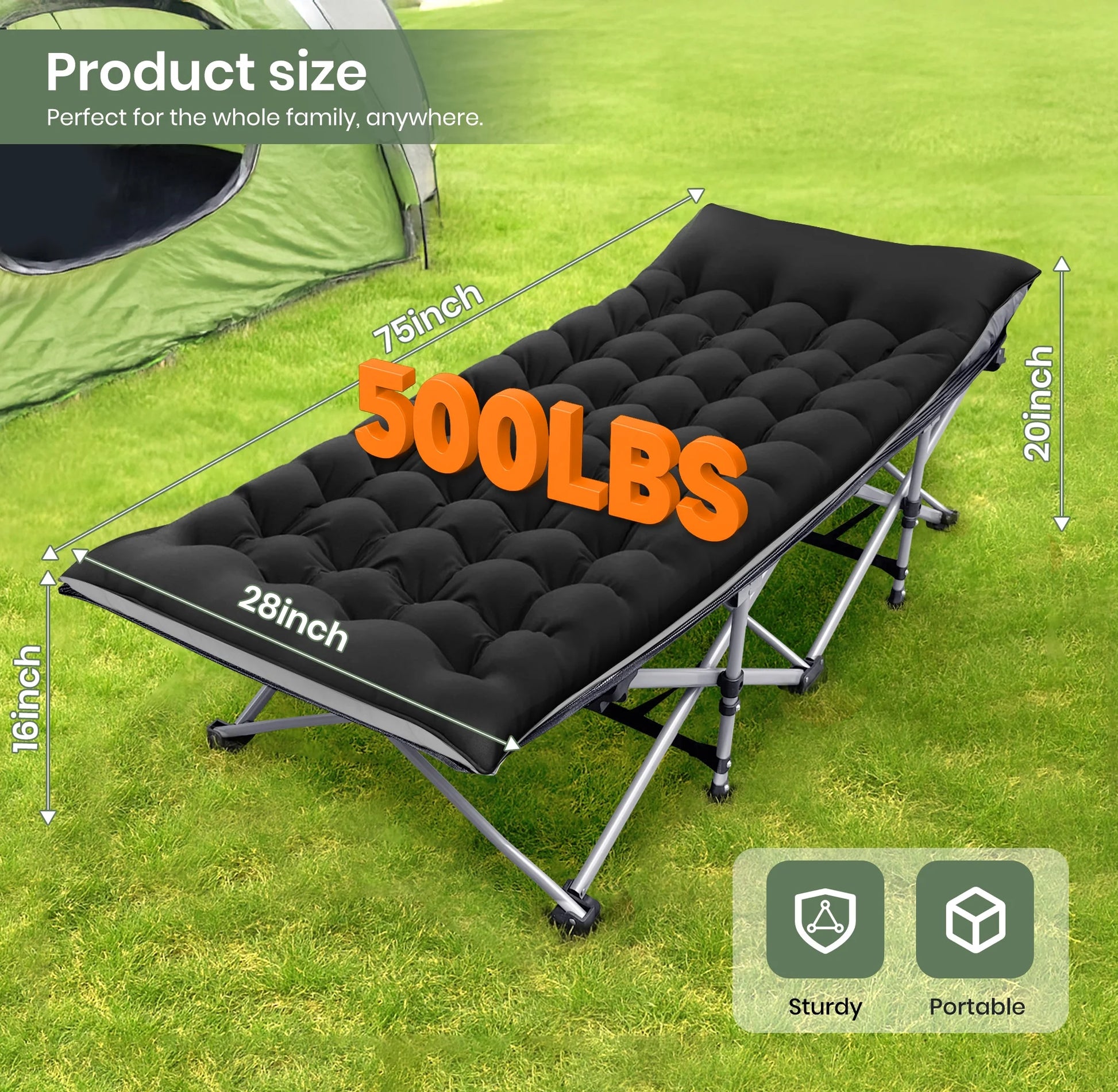 Folding Camping Cot with 2 Sided Comfort Mattress, 1200D Double Layer Oxford Folding Bed, Portable Sleeping Bed for Camp Office Nap Beach Travel