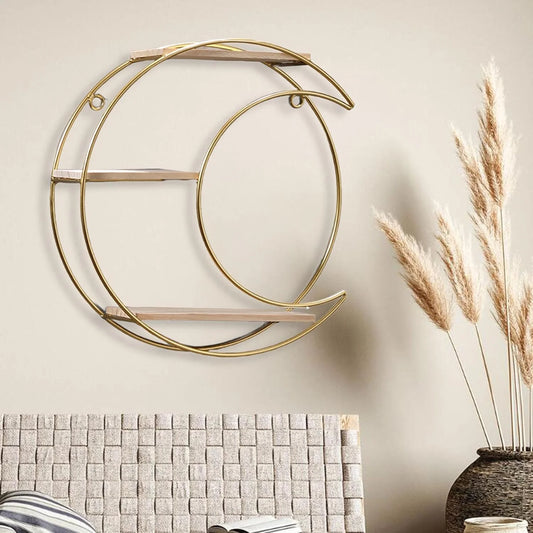 round Wall Shelf, Wall-Mounted Circular Shelf, Wood & Metal Wall Hanging Shelves Decor for Home Office, Circular Floating Shelves (Moon-Gold)