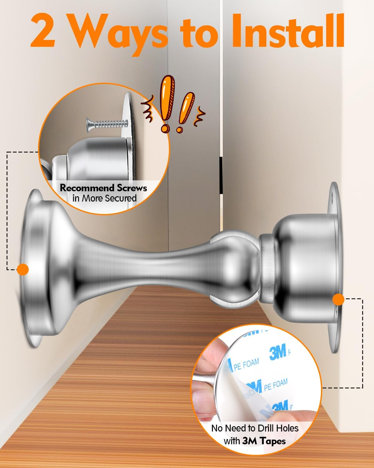 Door Stoppers, Magnetic Door Stop, Stainless Steel, 2 Pack Magnetic Door Catch, Double-Sided Adhesive Tape, No Drilling, Screws for Stronger Mount, Hold Your Door Open, for Wide Doors