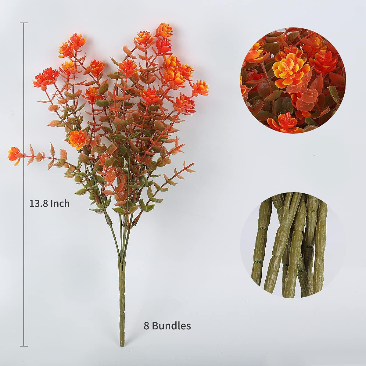 8 Bundles Artificial Fall Flowers No Fade Faux Autumn Plants, Fake Indoor Outdoor Greenery Decorations for Thanksgiving Christmas Wedding Party Home Garden Fireplace Décor (Green Orange)