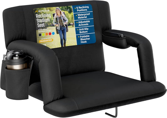 Reclining Stadium Seat – Wide Bleacher Chair with Back Support and Cushion, Armrests, Side Pockets, and Bleachers Hook – Best Stadium Seats Chairs for Camping, Kayak, & Paddle Board Backs