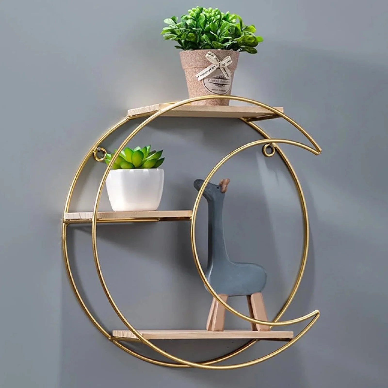 round Wall Shelf, Wall-Mounted Circular Shelf, Wood & Metal Wall Hanging Shelves Decor for Home Office, Circular Floating Shelves (Moon-Gold)