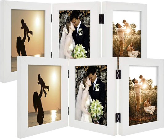 , 5X7 Three Picture Frame Trifold Hinged Photo Frame with 3 Openings, Desk Top Family Picture Collage, with Real Glass (5X7 Triple, White, 2-Pack)