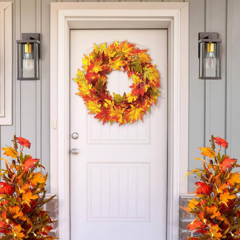 24 In. Dia Fall Lighted Maple Leaves Artificial Fall Wreath