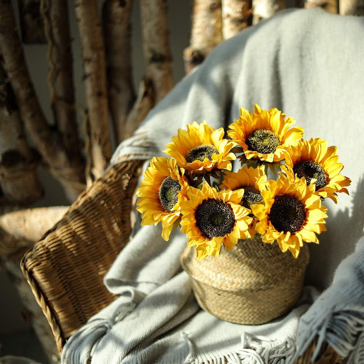 Fake Sunflowers Artificial Flowers Large Long Stems Artificial Sunflowers Bouquet 7 Pcs Faux Silk Real Touch Sunflowers for Party Centerpieces Home Decoration(Gold)