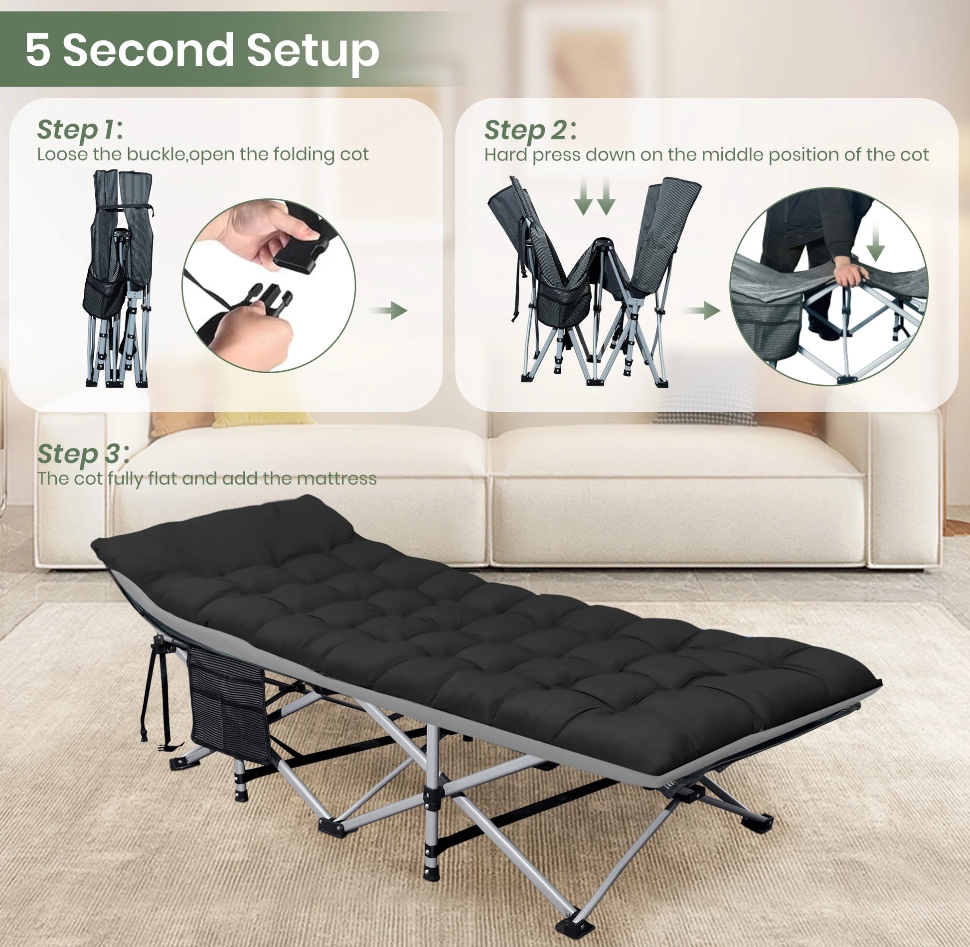 Folding Camping Cot with 2 Sided Comfort Mattress, 1200D Double Layer Oxford Folding Bed, Portable Sleeping Bed for Camp Office Nap Beach Travel