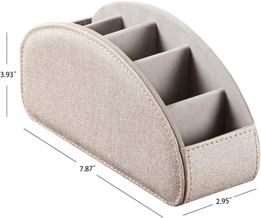 PU Leather Remote Control Organizer Box with 5 Compartments - Desktop & Bedside Storage for TV Remotes,Dvds,Blu-Ray,Glasses,Pens,Media Players Multi-Purpose Holder(Beige Cloth)