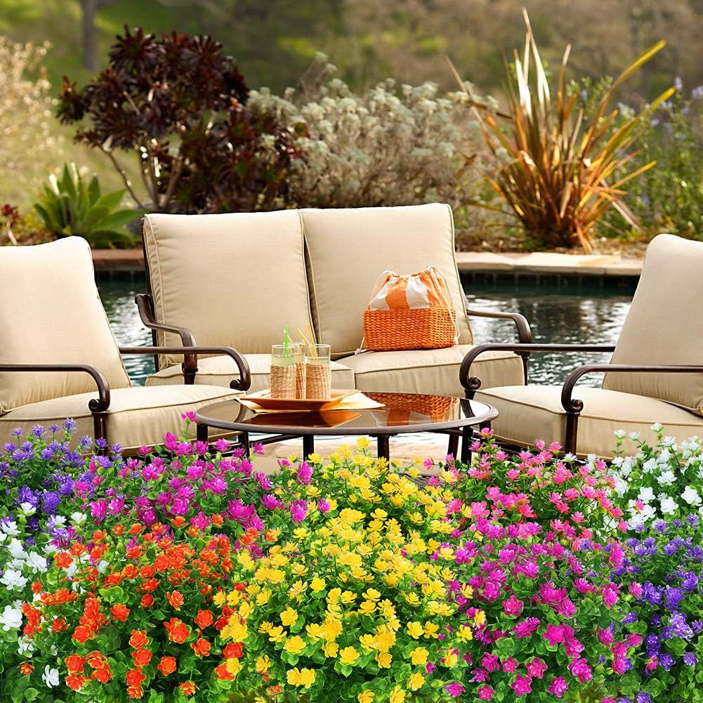 8 Bundles Outdoor Artificial Fake Flowers No Fade UV Resistant Faux Plastic Plants for Hanging Planter Patio Yard Wedding Indoor Home Kitchen Farmhouse Décor (Yellow)