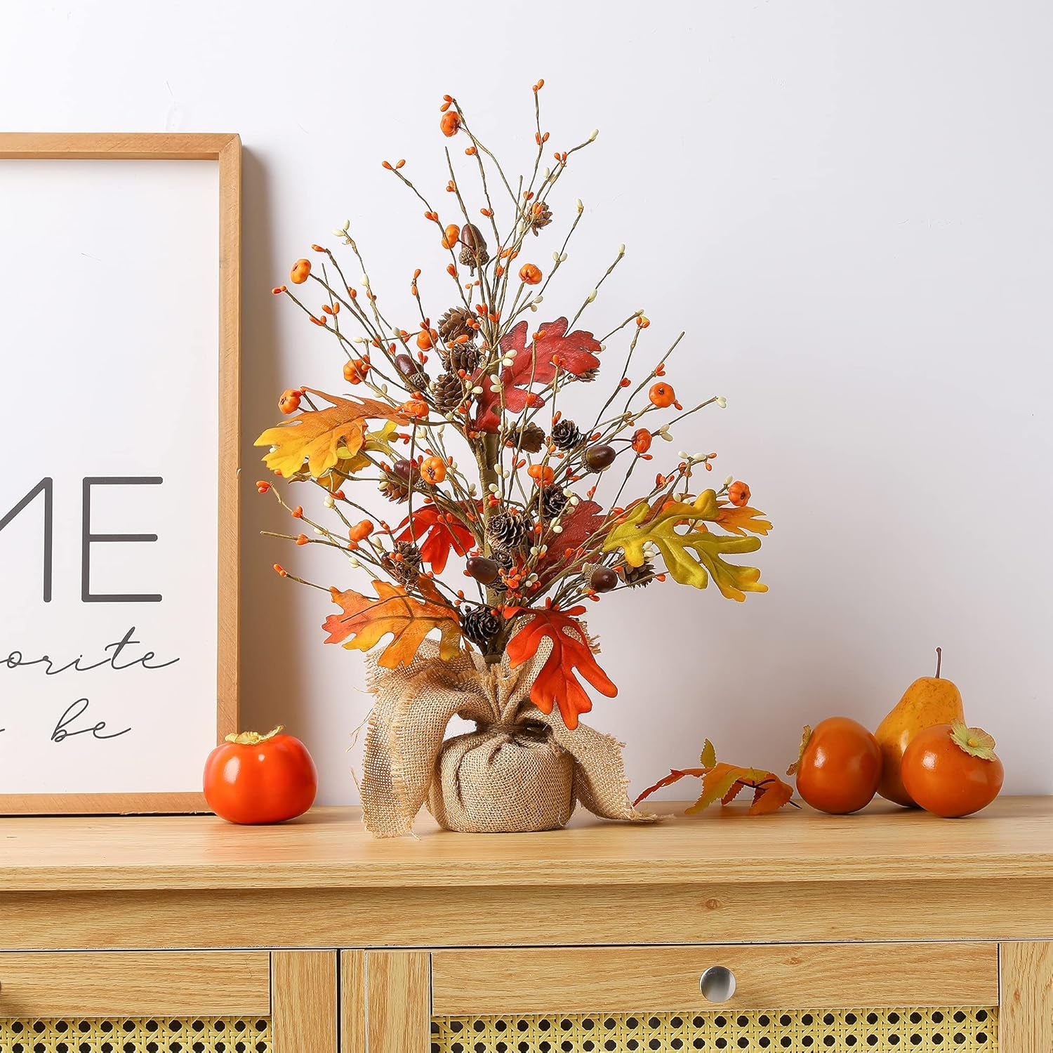 20" H Fall Harvest Pumpkins Table Tree with Burlap Base Decorative Berries Leaves Tree Table Centerpiece for Fall Harvest Thanksgiving Great Festival Home Decor