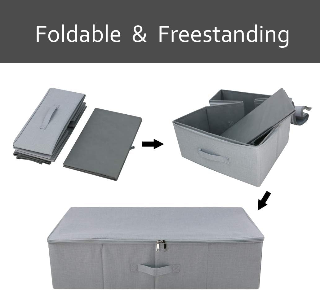 Under Bed Storage Bins with Lids for Shoes Clothing Organizer, Good for Bedroom Wardrobe, Closet, Sturdy Plastic Boards & Polyester Blend Fabric, Light Gray