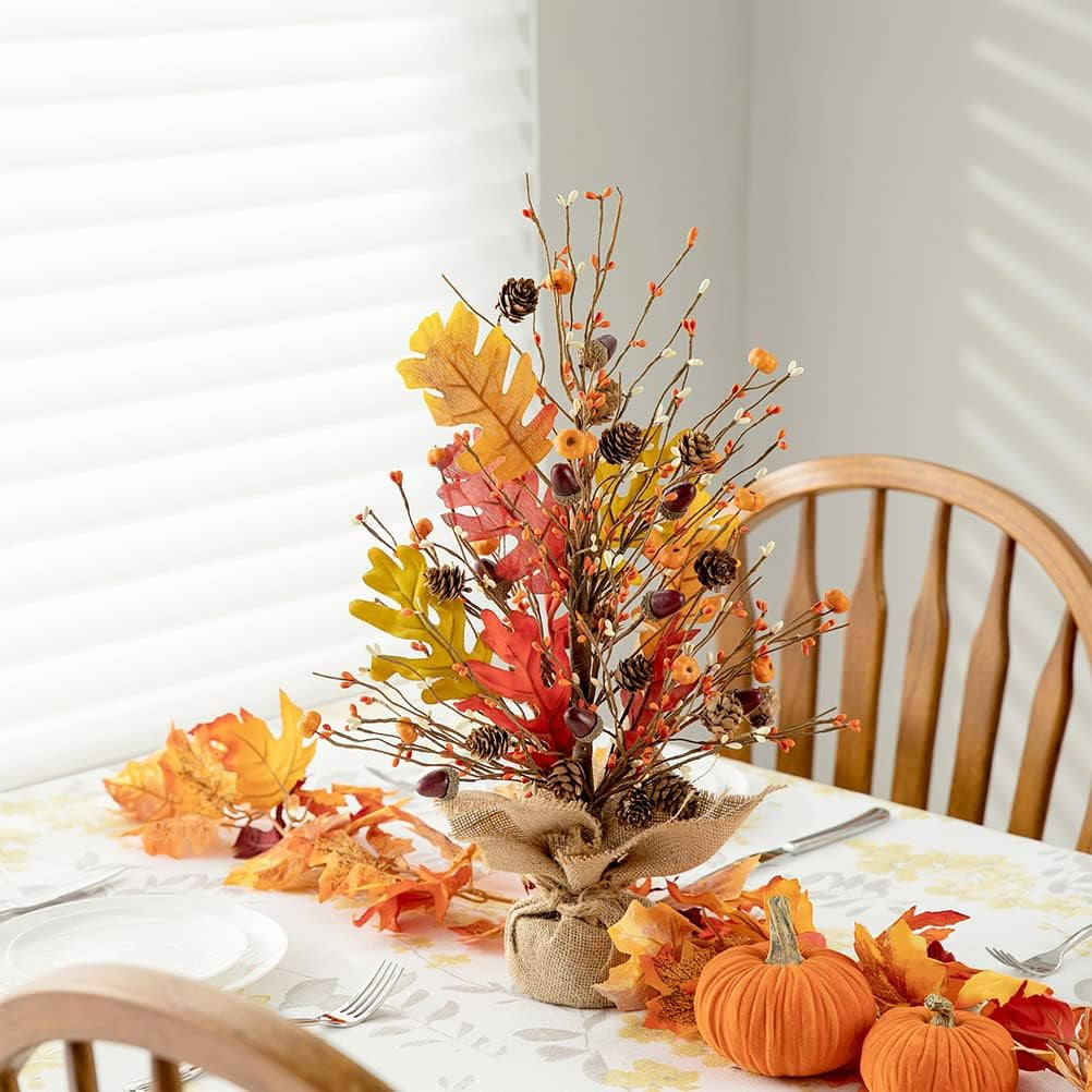 20" H Fall Harvest Pumpkins Table Tree with Burlap Base Decorative Berries Leaves Tree Table Centerpiece for Fall Harvest Thanksgiving Great Festival Home Decor