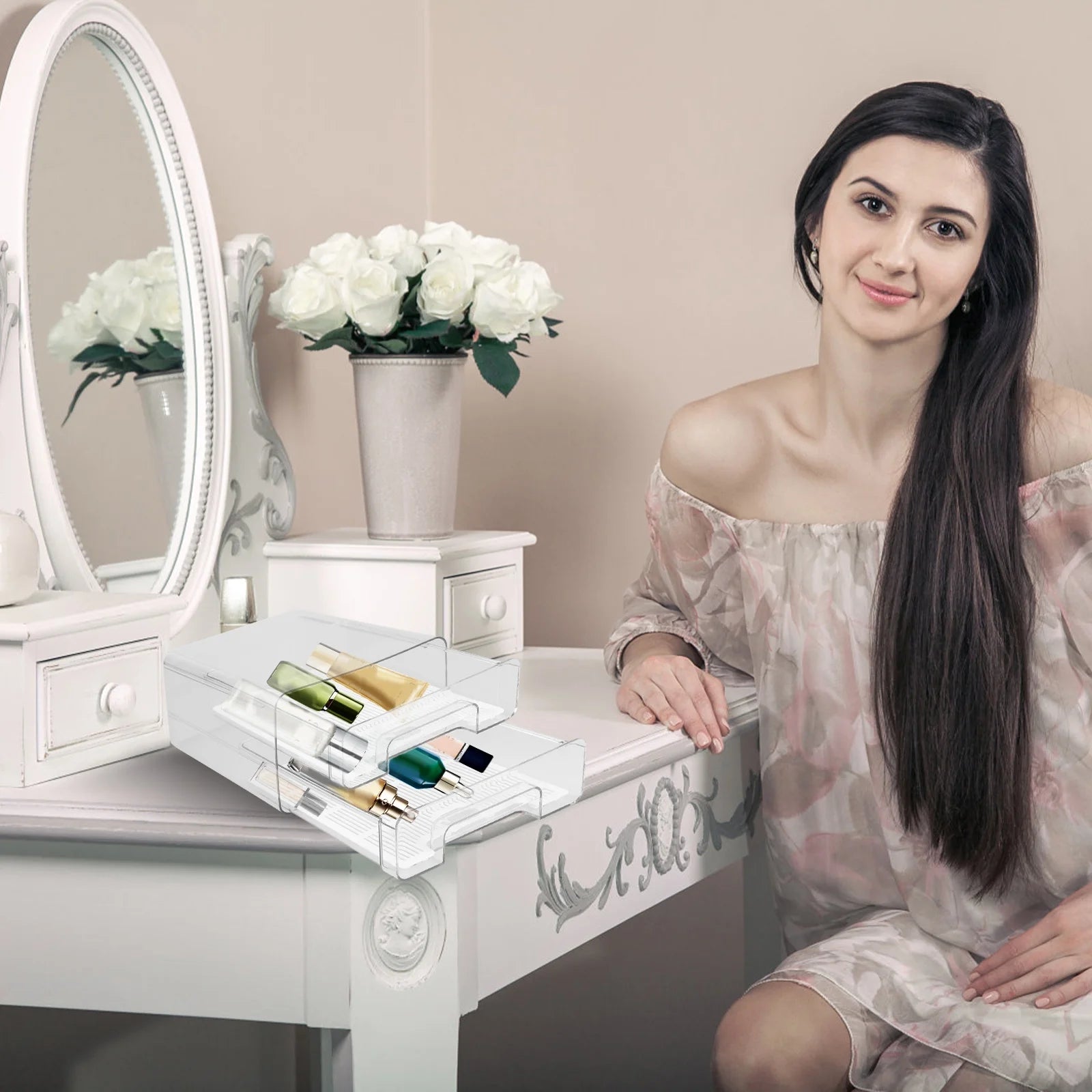 Refrigerator Organizer,Fridge Drawers with Lids Stackable Pull Out Fridge Storage Containers Double Layer Clear Plastic Refrigerator Organizer Bins with Drain Tray（Only 2-Drawers）