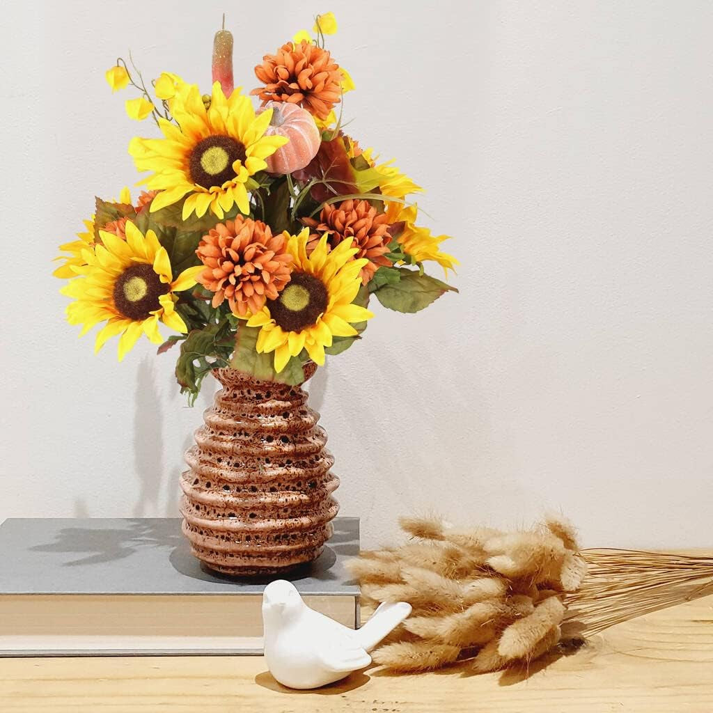 Artificial Fall Flower Arrangement - Gold Mix of Mums, Sunflowers, Zinnia - for Home Decor, Weddings, Parties, Events, Funerals, Offices Thanksgiving Gold Flower Arrangement