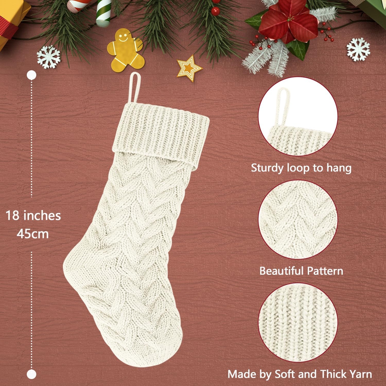 Pack 6,14" Unique Ivory White Knit Christmas Stockings Style3