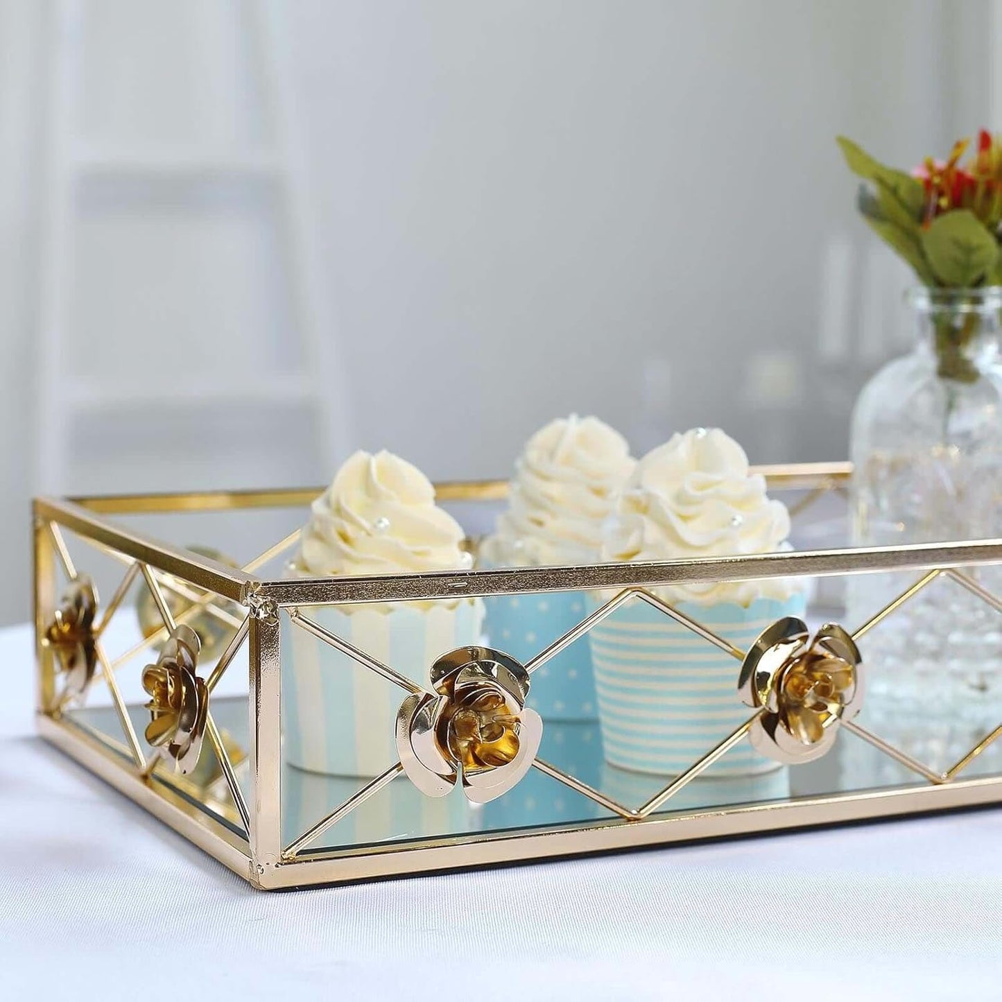 Set of 2 Gold Metal Decorative Serving Trays Floral Bordered Rectangle Mirror Trays - 19"X12" / 15"X8"