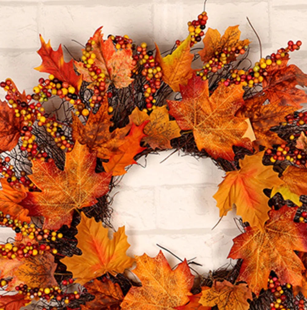 18 Inch Fall Wreath for Front Door, Fall Wreath with Wooden Maple Leaves, Gold and Red Foliage Fall Decorations for Home