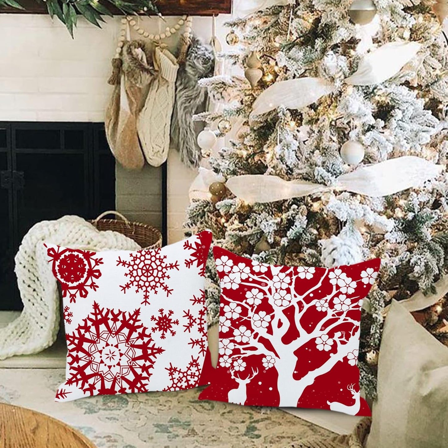 20 X 20 Set of 4 Merry Christmas Snowflake Baby It'S Cold outside Bright Red Deer Let It Snow Christmas Soft Velvet Decorative Throw Pillow Covers Cushion Case for Home Sofa Square 20 Inches
