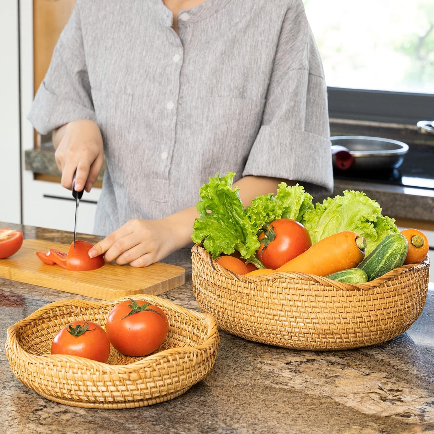 Fruit Container for Counter Rattan Basket for Storage Stackable Set 3 Empty Gift Baskets to Fill Potato Storage for Pantry Onion Wicker Fruit Baskets Bread Vegetable Bowl (Combo Set 3, Honey Brown)