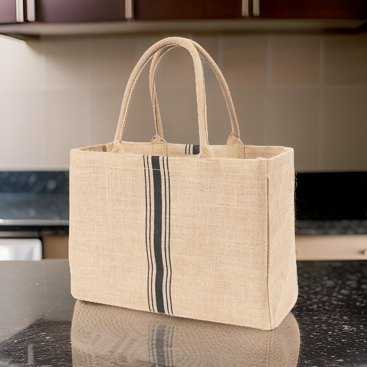 Jute Market Tote Bag with Handles, Triple Stripe