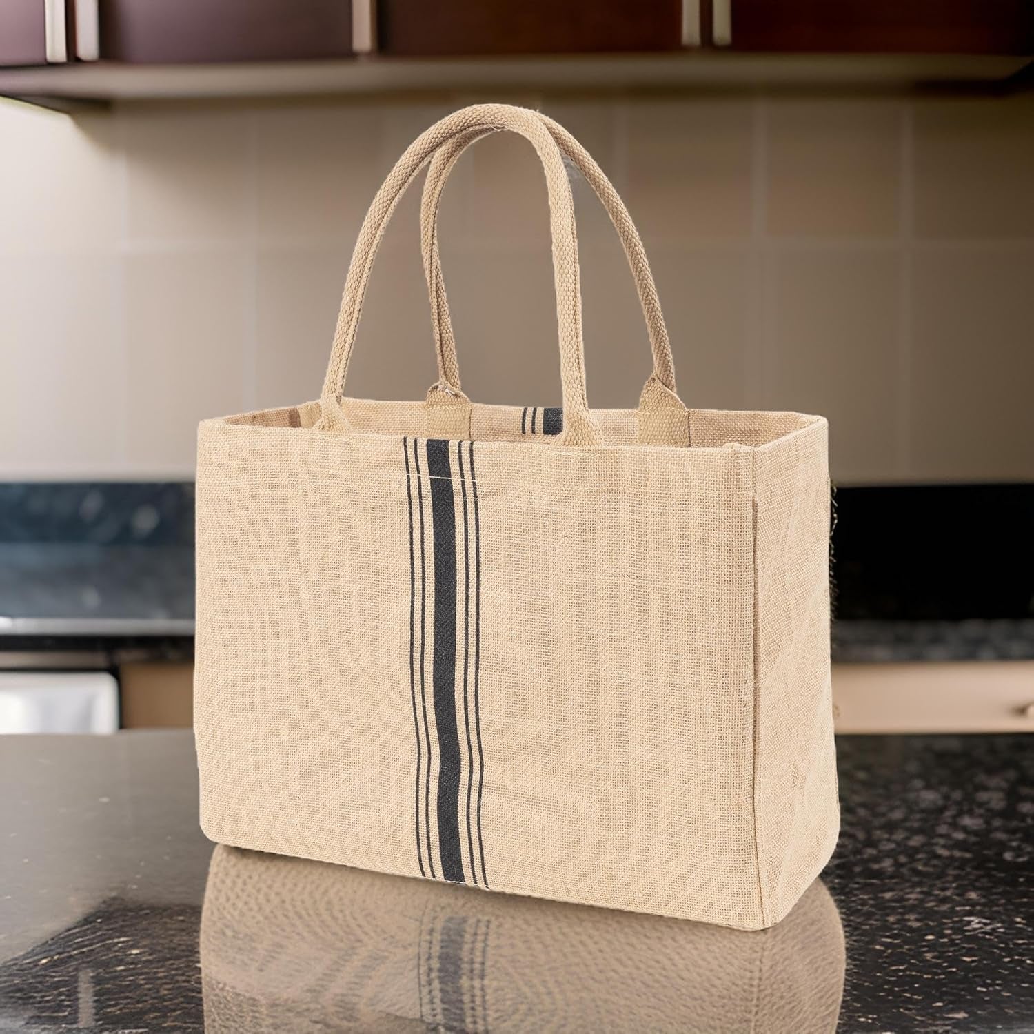 Jute Market Tote Bag with Handles, Triple Stripe