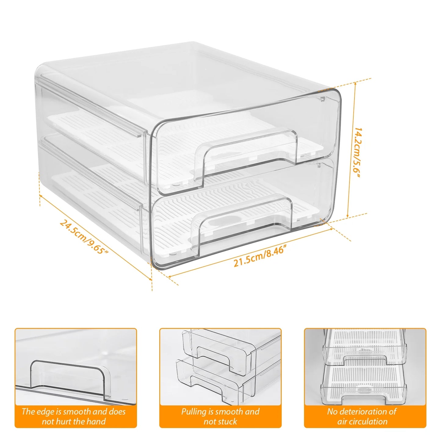 Refrigerator Organizer,Fridge Drawers with Lids Stackable Pull Out Fridge Storage Containers Double Layer Clear Plastic Refrigerator Organizer Bins with Drain Tray（Only 2-Drawers）