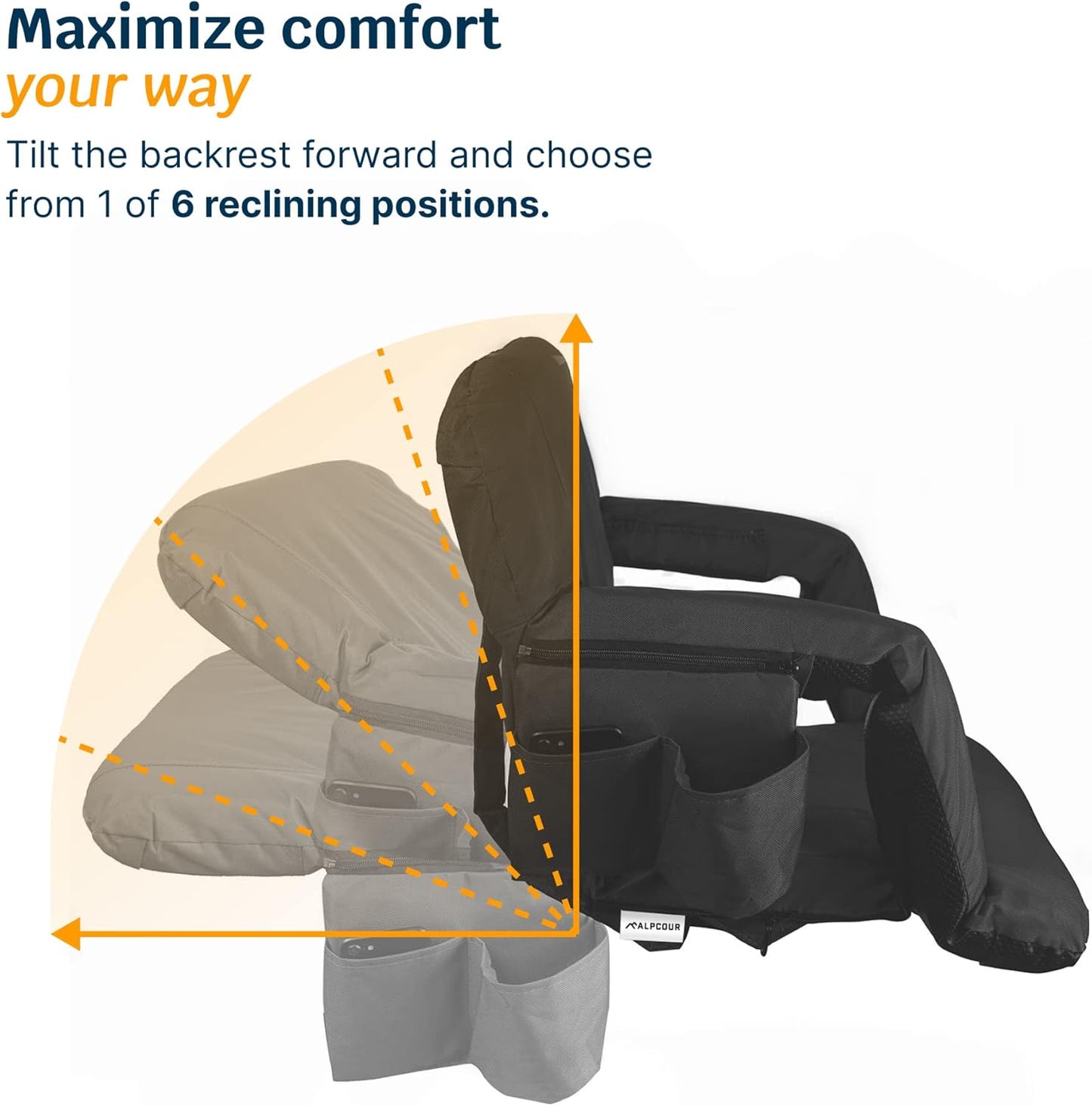 Reclining Stadium Seat – Wide Bleacher Chair with Back Support and Cushion, Armrests, Side Pockets, and Bleachers Hook – Best Stadium Seats Chairs for Camping, Kayak, & Paddle Board Backs