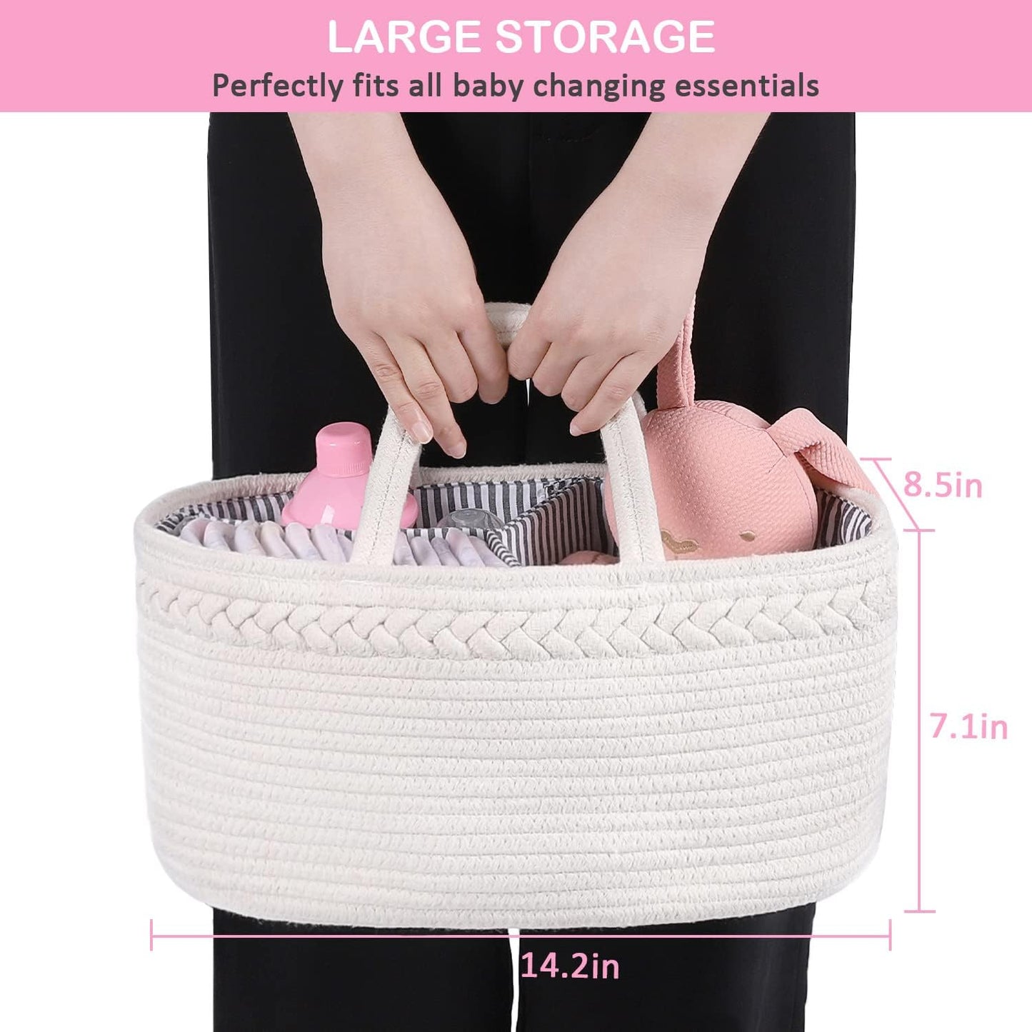 Baby Diaper Caddy, Nursery Storage Bin and Car Organizer for Diapers and Baby Wipes, Cotton Rope Diaper Basket Caddy, Changing Table Diaper Storage Caddy