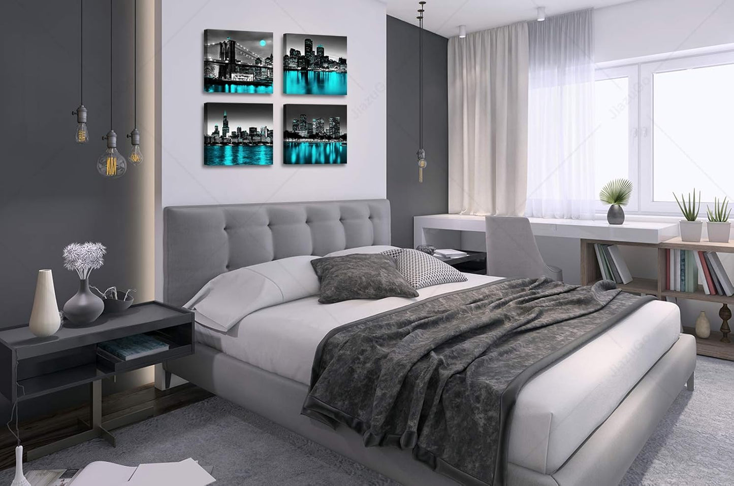 Wall Decorations Chicago Boston Los Angeles Brooklyn Bridge Skyline Canvas Art Black White USA New York City Pictures Teal Turquoise Lake Water Building Cityscape Home Living Room Office