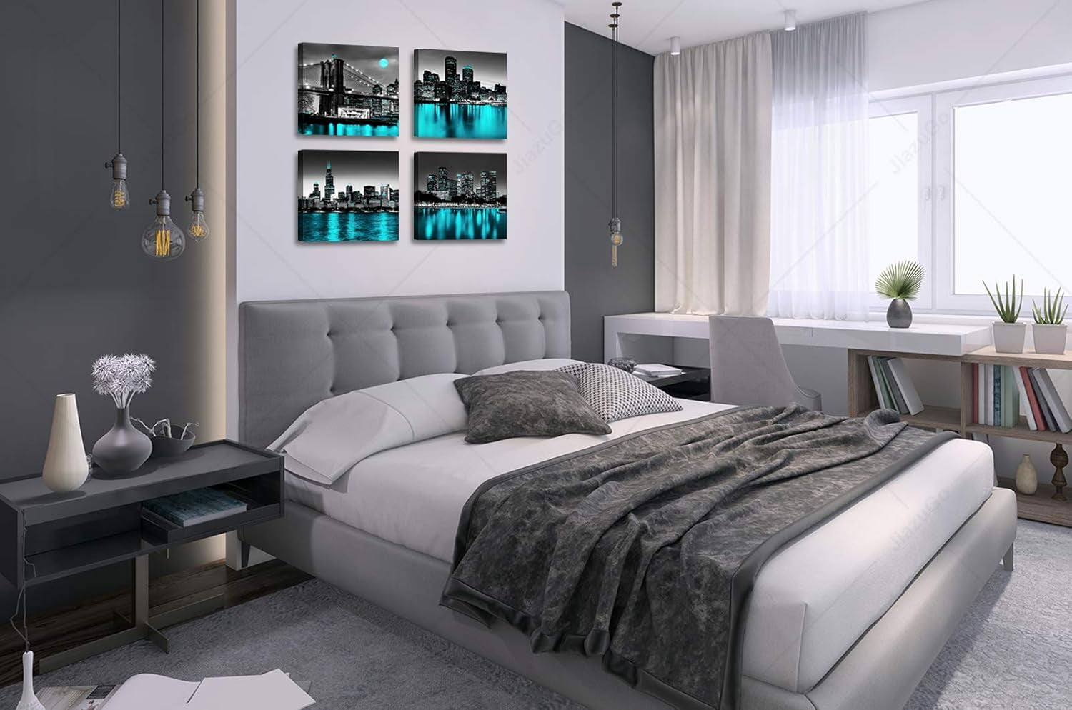 Wall Decorations Chicago Boston Los Angeles Brooklyn Bridge Skyline Canvas Art Black White USA New York City Pictures Teal Turquoise Lake Water Building Cityscape Home Living Room Office