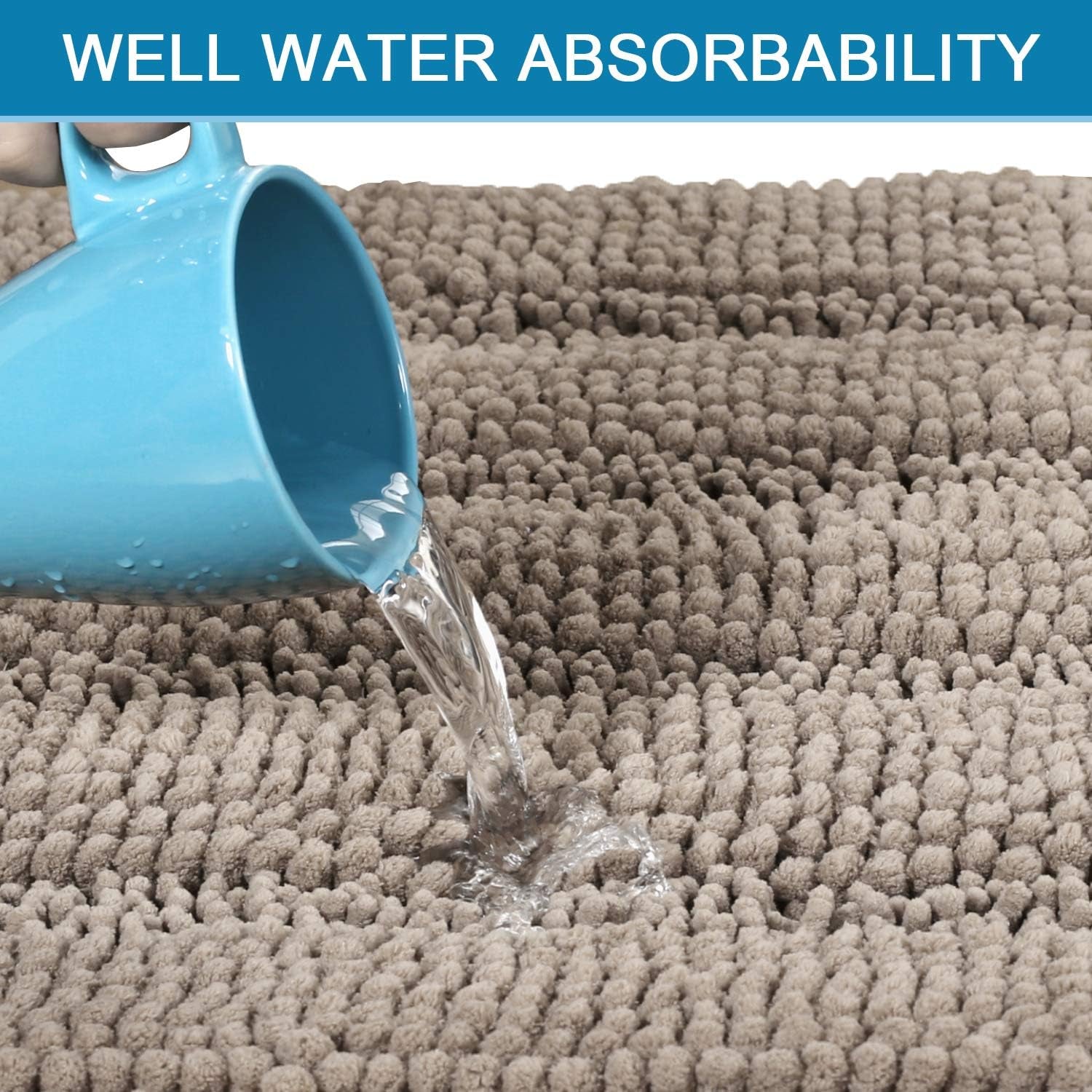 Bath Rugs for Bathroom Non Slip Bath Mats Extra Thick Chenille Striped Rug 20" X 32" Absorbent Non Skid Fluffy Soft Shaggy Washable Dry Fast Plush Mat for Indoor, Bath Room, Tub - Taupe