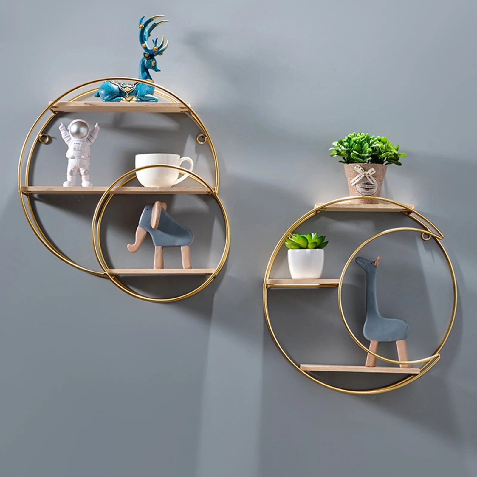 round Wall Shelf, Wall-Mounted Circular Shelf, Wood & Metal Wall Hanging Shelves Decor for Home Office, Circular Floating Shelves (Moon-Gold)