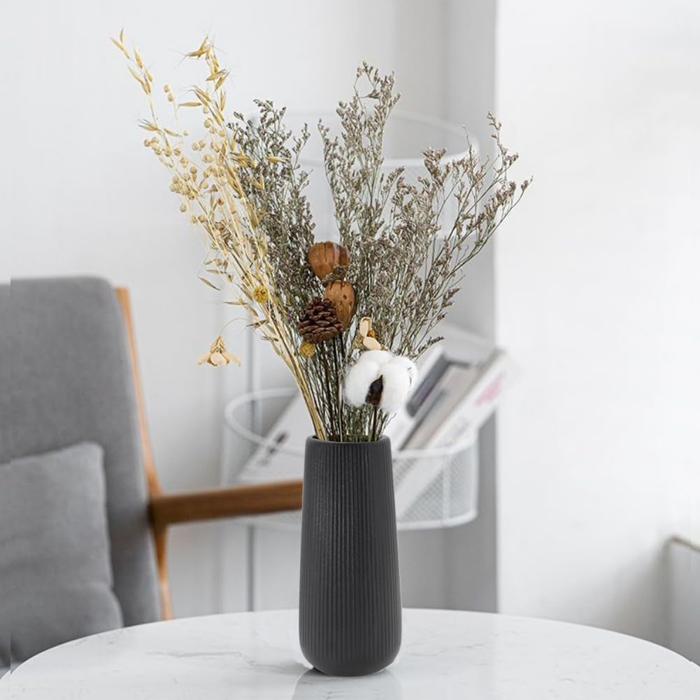8 Inch Matte Black Ceramic Vase, Decorative Minimalist Textured Flower Vase for Modern Home Decor Living Room Table Centerpieces