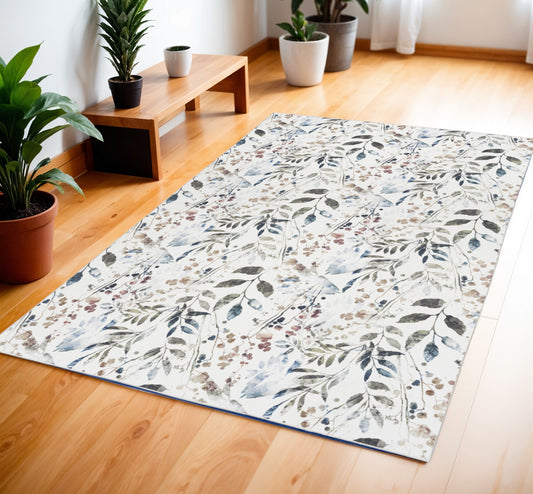 4' X 6' Green and Ivory Floral Power Loom Washable Non Skid Area Rug