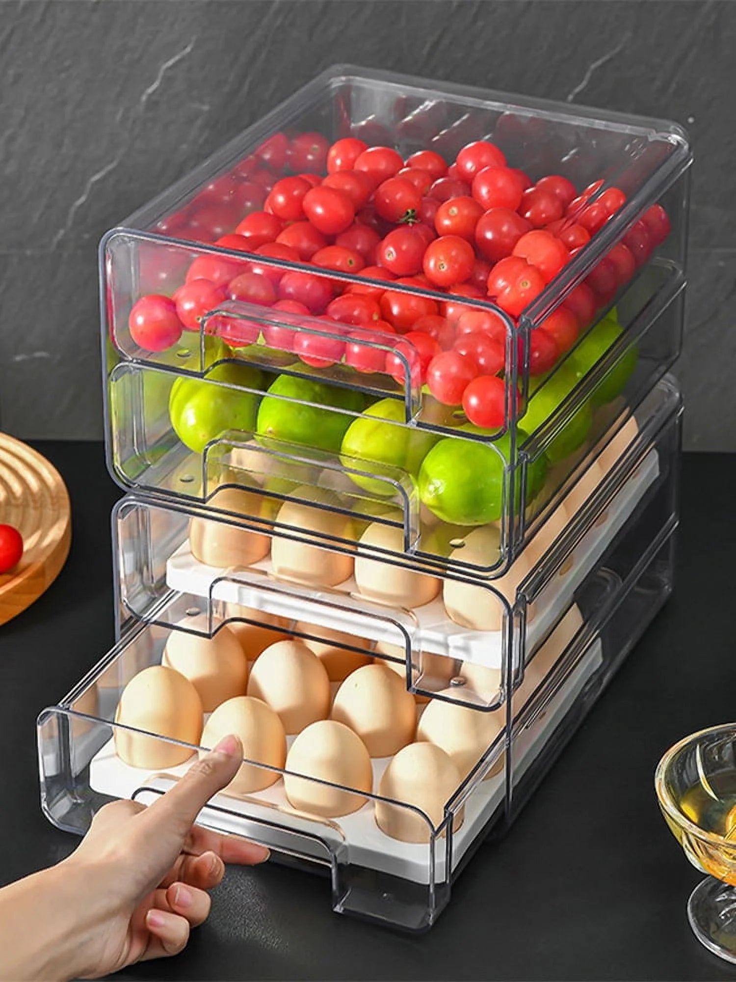 Refrigerator Organizer,Fridge Drawers with Lids Stackable Pull Out Fridge Storage Containers Double Layer Clear Plastic Refrigerator Organizer Bins with Drain Tray（Only 2-Drawers）