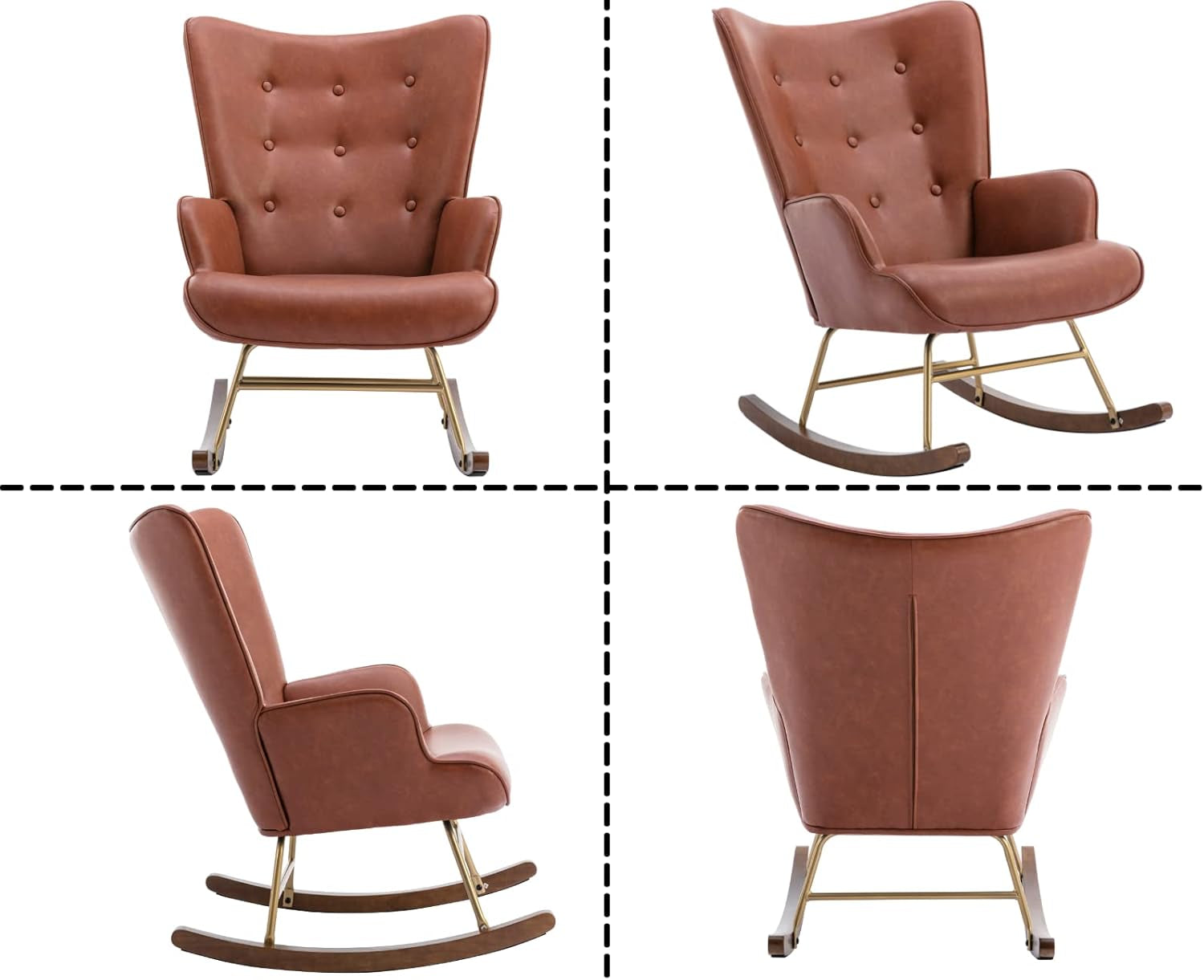 Pu Leather Nursery Rocking Armchair, Modern Reading Accent Chair for Living Room, Bedroom, Office, Small Spaces, Brown