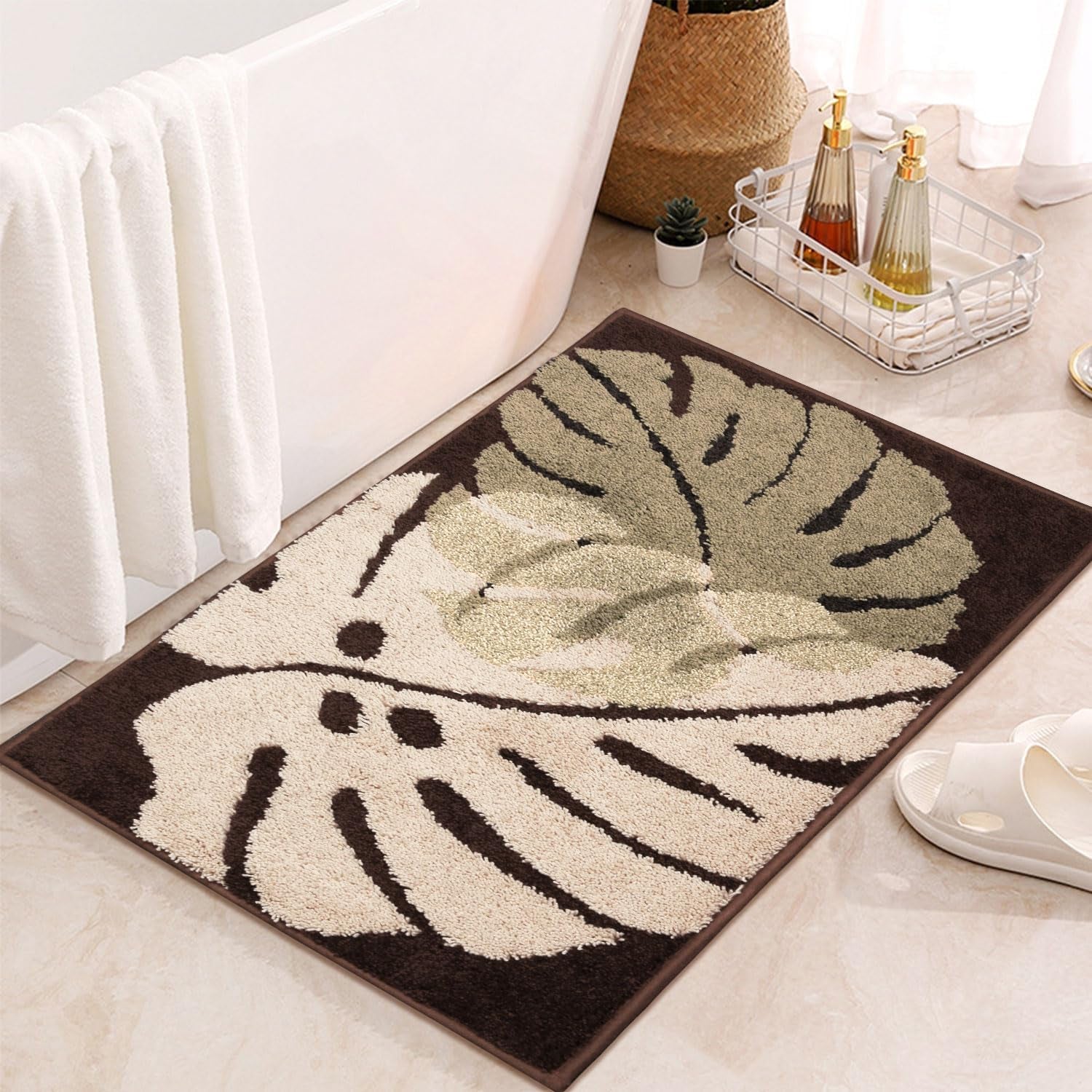 Bathroom Rugs Mat 31.5X19.7In Brown Leaves Bath Mat for Bathroom Non Slip Machine Washable Soft Absorbent Cute Bath Rug Plush Bath Carpet for Tub Shower Sink Fluffy Entryway Doormat