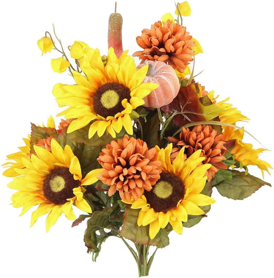 Artificial Fall Flower Arrangement - Gold Mix of Mums, Sunflowers, Zinnia - for Home Decor, Weddings, Parties, Events, Funerals, Offices Thanksgiving Gold Flower Arrangement