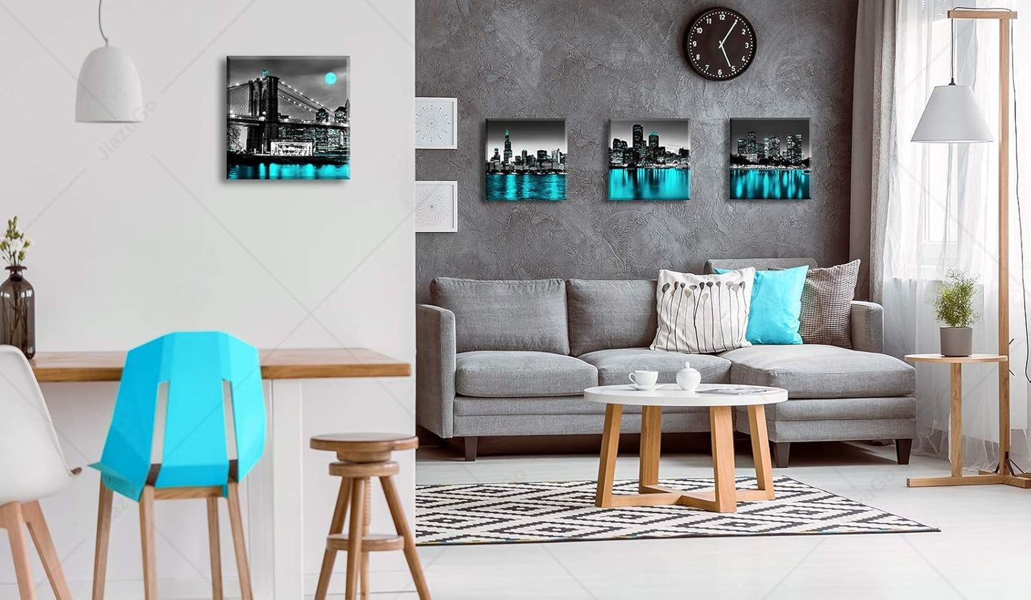 Wall Decorations Chicago Boston Los Angeles Brooklyn Bridge Skyline Canvas Art Black White USA New York City Pictures Teal Turquoise Lake Water Building Cityscape Home Living Room Office